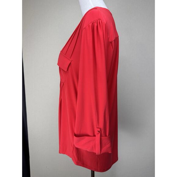 Ava & Grace Sz 1X Solid Red Stretch Knit Rolled Tab Popover Blouse Tunic Holiday - Picture 10 of 16